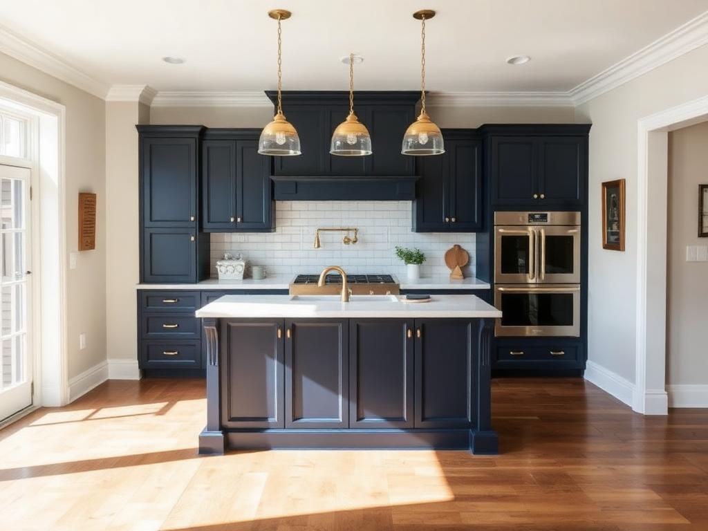 Farmhouse kitchen with navy island and brass pendants