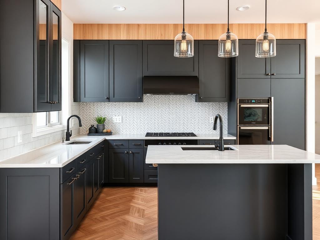 Contemporary dark kitchen with quartz waterfall island